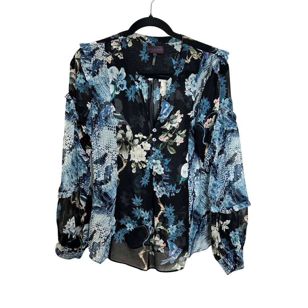 Hale Bob Silk Blouse Top Size M Black Blue Floral Snakeskin Beaded V-Neck Boho - Picture 1 of 11
